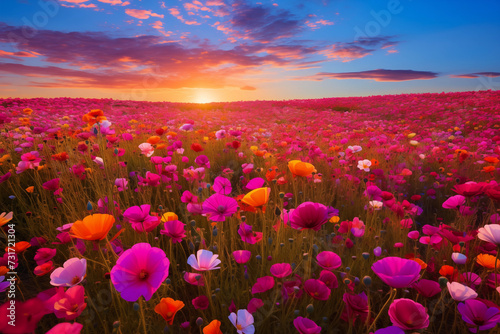 There are many magenta, teal, and orange wildflowers of different colors in a purple meadow. Generative AI. F004