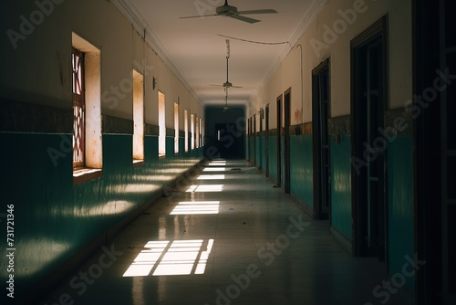 AI generated illustration of a desolate school hallway filled with a sense of despair and loneliness