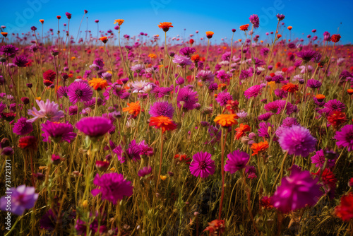 There are many magenta, teal, and orange wildflowers of different colors in a purple meadow. Generative AI. F003