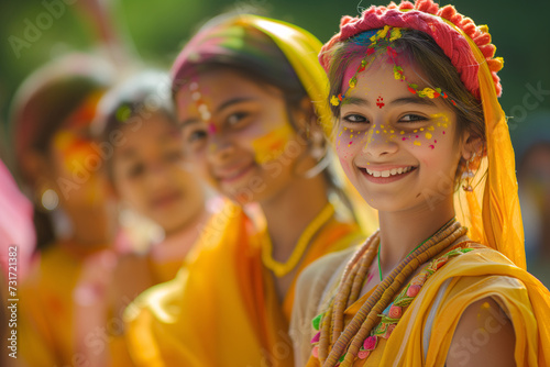 A group of young girls with colorful faces and traditional attire smiling during the Holi festival celebrations.