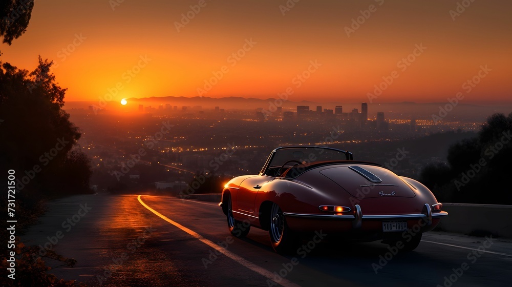 AI generated illustration of a classic red sports car driving down a scenic country road at sunset