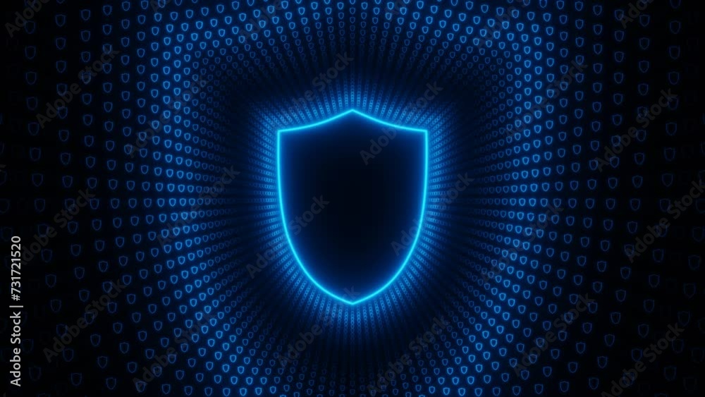 Blue neon shield icon with wave shield icons loop animation