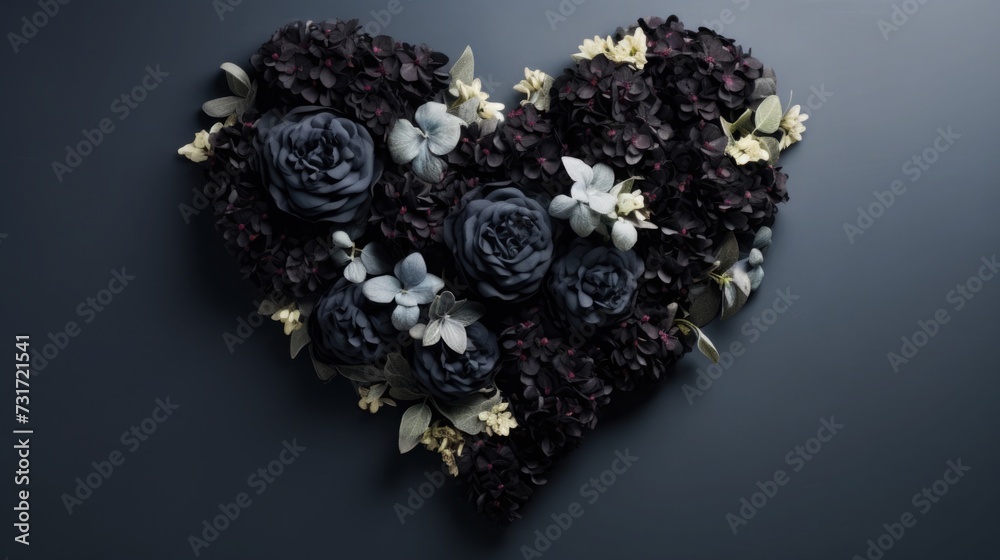 rip. black flowers in the shape of a heart. bouquet for Valentine's Day, Women's Day, funeral. space for text rip. black flowers in the shape of a heart. bouquet for Valentine's Day, Women's Day, funeral. space for text