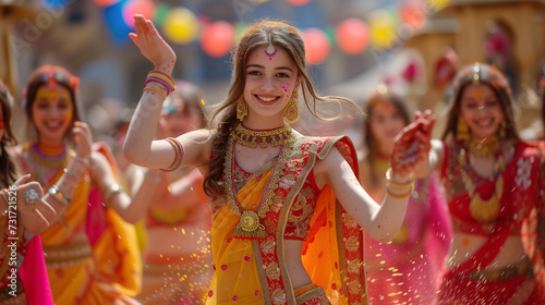 Holi festival. A young woman in traditional attire dances joyfully among a group at the vibrant Holi festival, surrounded by colorful decorations.