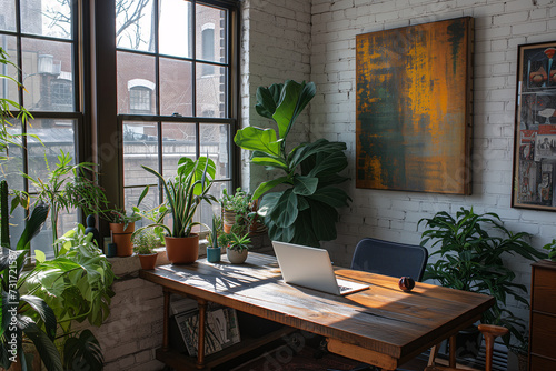 Home office setup featuring a wooden desk  laptop  and an array of lush indoor plants bathed in warm natural light from a large window.