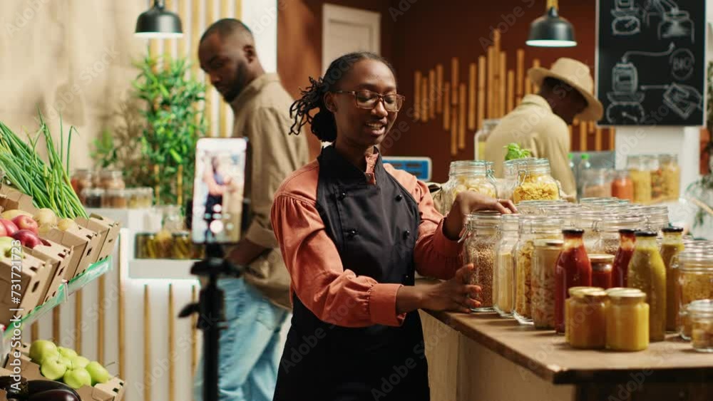 Eco store employee recording commercial video on social media to promote fresh homegrown produce and chemicals free pantry items. African american vendor filming ad for natural merchandise. Camera A. Eco store employee recording commercial video on social media to promote fresh homegrown produce and chemicals free pantry items. African american vendor filming ad for natural merchandise. Camera A.