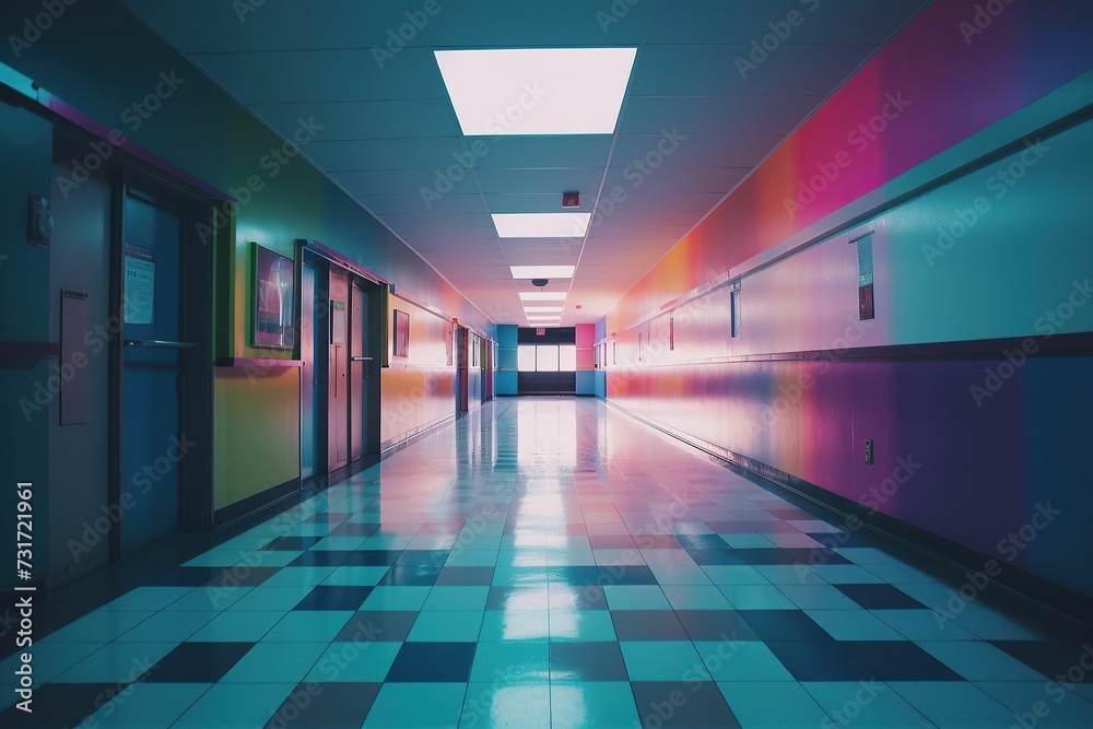 AI generated illustration of an empty school hallway with polished tiled flooring AI generated illustration of an empty school hallway with polished tiled flooring