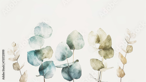Watercolor eucalyptus branches with round leaves. Floral concept. Aesthetic invitation template. Generative AI photo