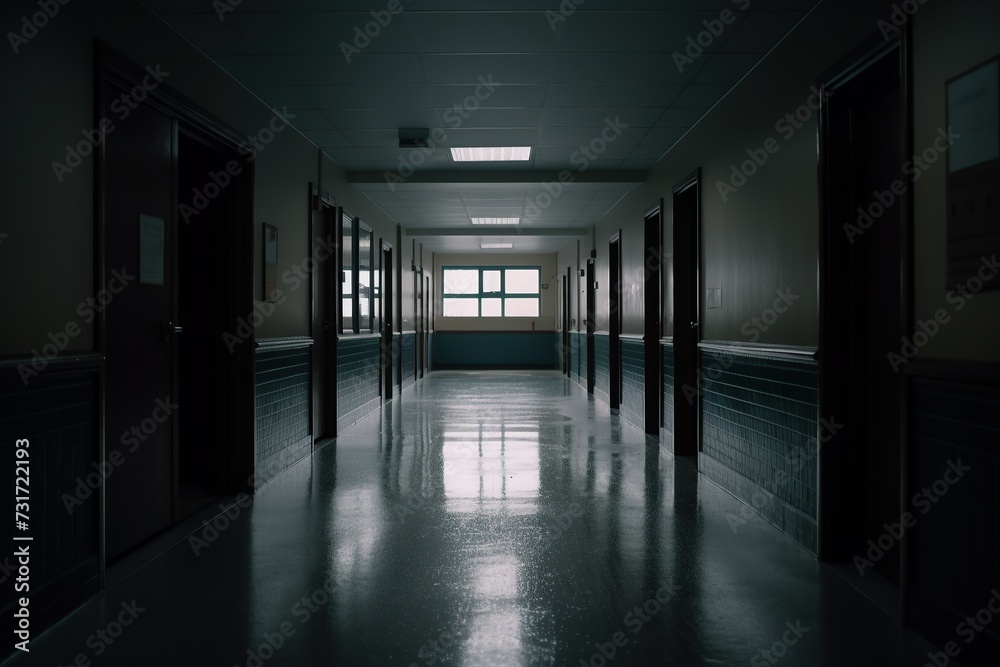 AI generated illustration of a desolate school hallway filled with a sense of despair and loneliness AI generated illustration of a desolate school hallway filled with a sense of despair and loneliness