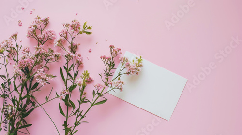 Elegant paper card layout with spring flowers on pink background. Girish greeting card design concept. Generative AI