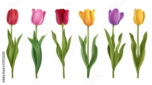 3d render illustration of plastic tulip flowers set with stem, and leaves isolated. #731722301