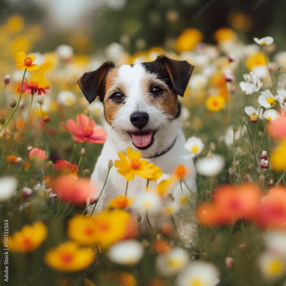 AI generated illustration of A small dog lying in a field of vibrant flowers on lush green grass