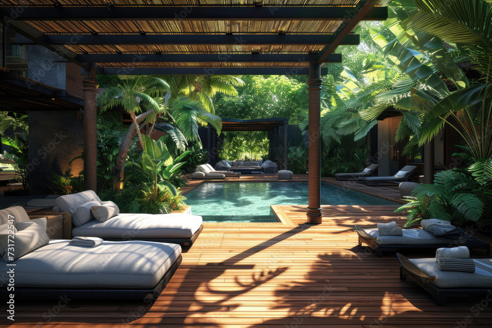 Interior design of a lavish side outside garden, with a teak hardwood deck and a black pergola. Scene day light with couches and lounge chairs by the pool, with many tropical trees