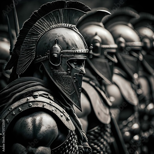 greyscale illustration of spartan warriors in a row