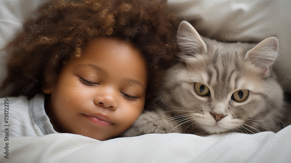 Small African child lies on a bed with a cat. Kitten and baby childhood friendship. Baby and cat. Child and Kitten lying together on the bed Small African child lies on a bed with a cat. Kitten and baby childhood friendship. Baby and cat. Child and Kitten lying together on the bed