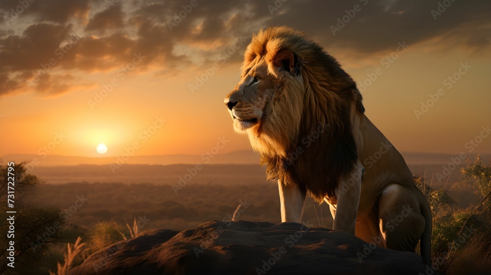AI generated illustration of A majestic lion standing on a large rock formation AI generated illustration of A majestic lion standing on a large rock formation