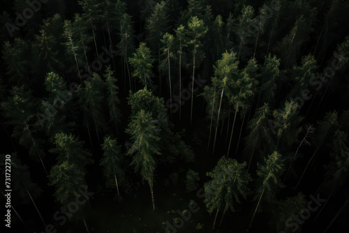 Aerial view of a lush green forest landscape with tall fir and pine trees, depicting the breathtaking beauty of nature in summer.