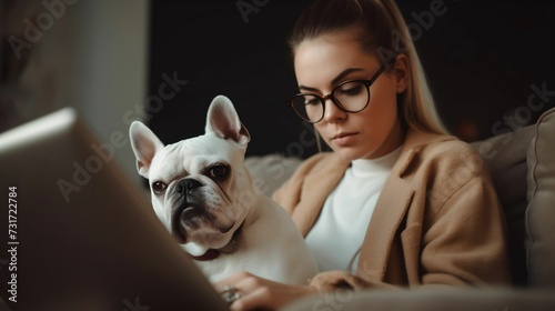 AI generated illustration of a young female working on her laptop on a sofa with her dog