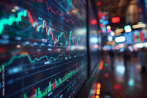 A detailed view of a vibrant stock market exchange display, with fluctuating graphs and figures illustrating the fast-paced financial environment.