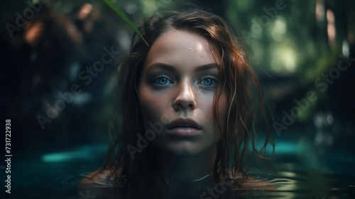 AI generated illustration of A young woman with blue eyes looks out into the horizon while swimming