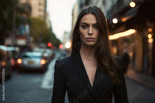 AI generated illustration of a confident Caucasian female in black coat standing on the city street