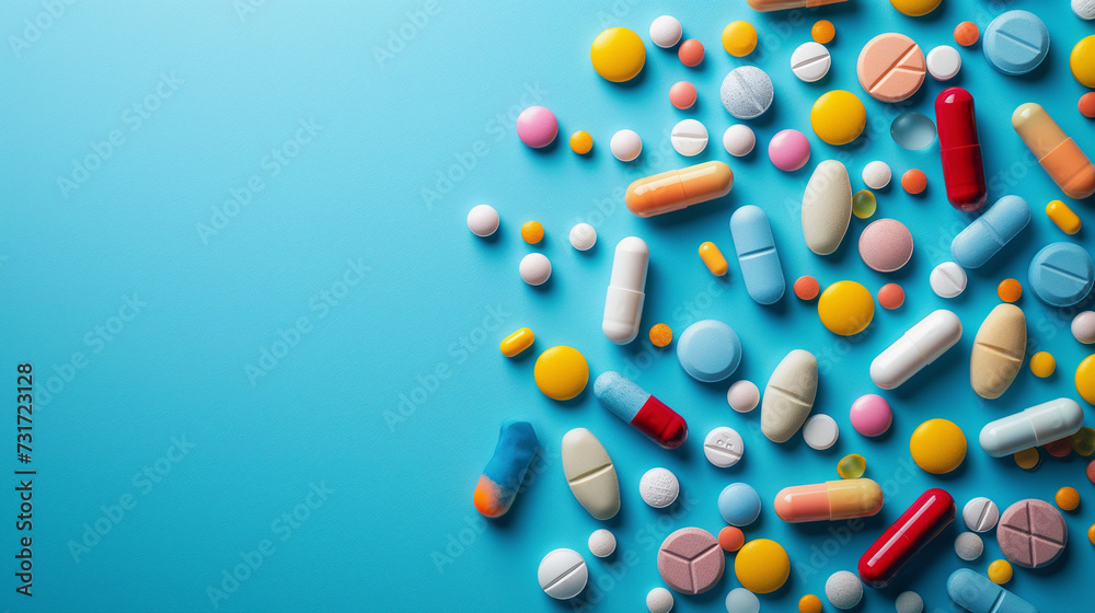 Assorted Pharmaceutical Pills and Capsules on a Vibrant Blue Background. Healthcare and Medicine Concept