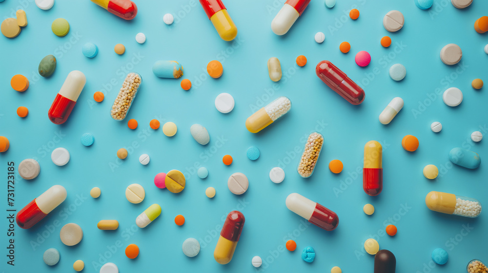 Assorted Pharmaceutical Pills and Capsules on a Vibrant Blue Background. Healthcare and Medicine Concept Assorted Pharmaceutical Pills and Capsules on a Vibrant Blue Background. Healthcare and Medicine Concept
