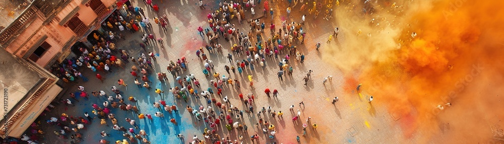 Fototapeta premium Vibrant Holi celebration captured from above, showcasing a town square alive with color and communal joy