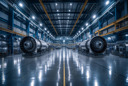 Twin jet engines awaiting assembly or inspection on a clean and modern aerospace factory floor. photo