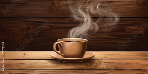 cup of hot coffee on wooden table on brown wooden plank background