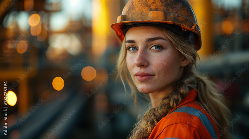 A young, confident female worker wearing a worn safety helmet stands in an industrial environment during golden hour. A young, confident female worker wearing a worn safety helmet stands in an industrial environment during golden hour.