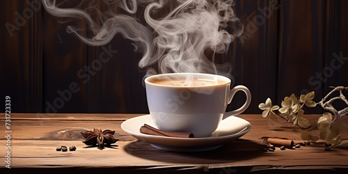 cup of hot coffee on wooden table on brown wooden plank background