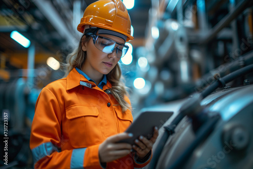 A focused female engineer in an orange work suit and safety helmet reviews data on a tablet inside an industrial plant.