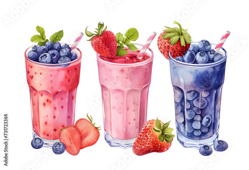 Raspberry, strawberry, blueberry smoothie in watercolor style isolated on transparent background	