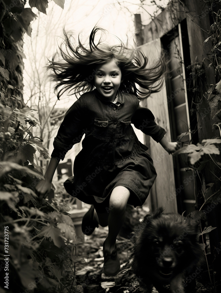 Girl with a dog. Teenage in a dress runs after dog. A teenage girl walks on the street with a dog. B&W photograph of a girl with a dog on the street. Girl playing with street cats.