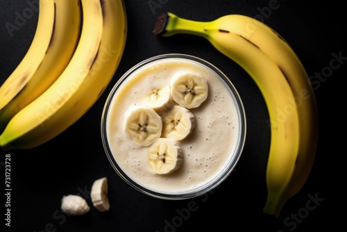 AI generated illustration of a glass of banana smoothie on a black surface