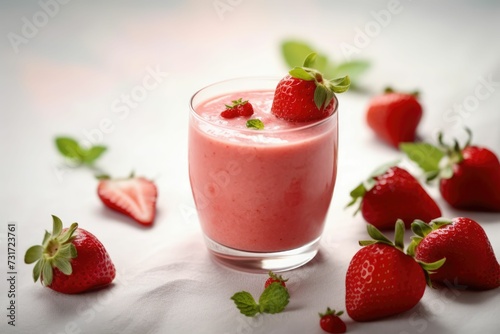 AI generated illustration of a glass of strawberry smoothie on a white surface