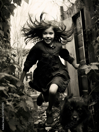 Obraz na płótnie Girl with a dog. Teenage in a dress runs after dog. A teenage girl walks on the street with a dog. B&W photograph of a girl with a dog on the street. Girl playing with street cats. w salonie