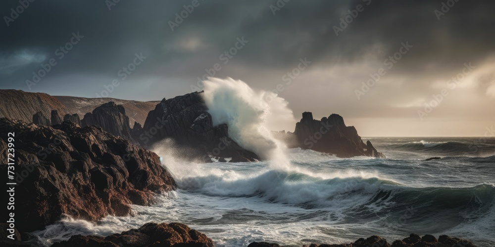 AI generated illustration of a powerful wave crashing against a rugged rocky shoreline in the ocean - obrazy, fototapety, plakaty 