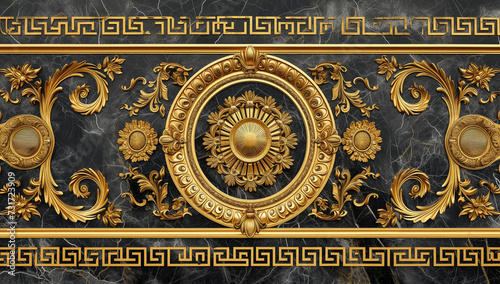 Fototapeta Naklejka Na Ścianę i Meble -  3d wallpaper stretch ceiling golden decoration model. mandala and decorative frame marble background