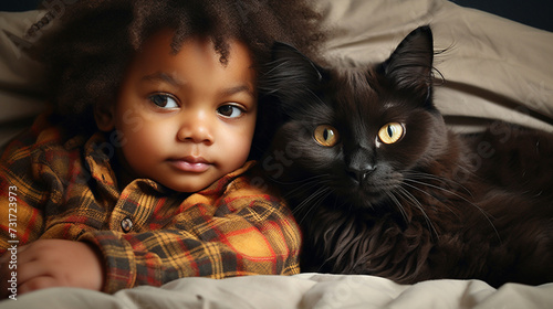 Small African child lies on a bed with a cat. Kitten and baby childhood friendship. Baby and cat. Child and Kitten lying together on the bed