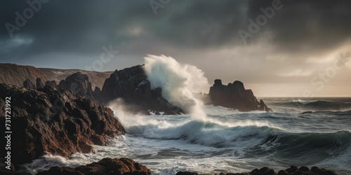 AI generated illustration of a powerful wave crashing against a rugged rocky shoreline in the ocean
