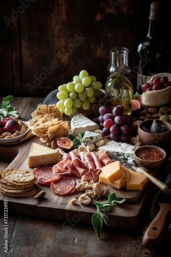 assortment of different cheese, crackers and fruits on a wooden tray