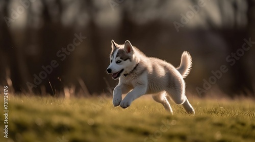 AI generated illustration of a cute husky puppy leaping joyously