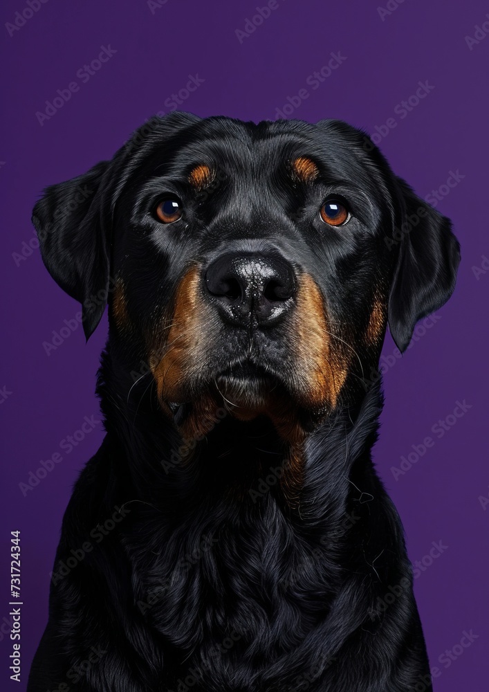 Obraz premium Portrait of black Rottweiler, highlighting its shiny coat and deep, soulful eyes, with majestic and attentive expression, set against vivid purple background