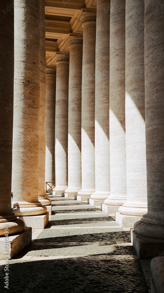 Vertical shot of a row of multiple columns with the sun shining on it in Rome, Italy