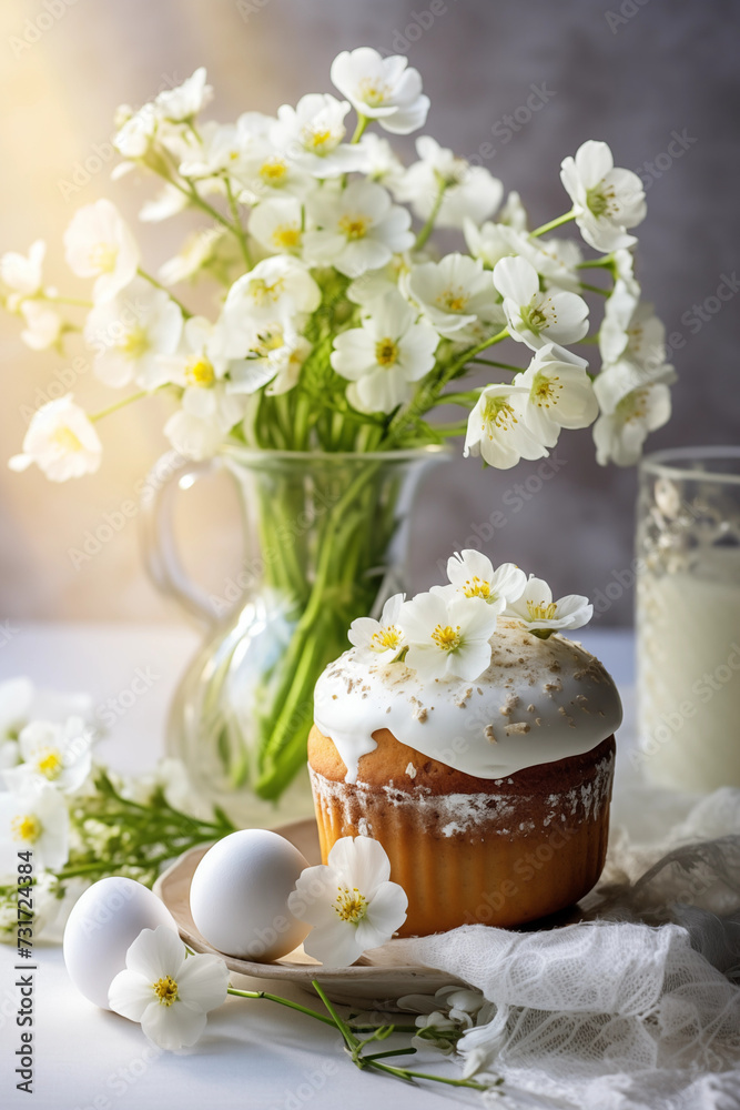 Easter cake and eggs, kulich,bread background. Happy Easter card