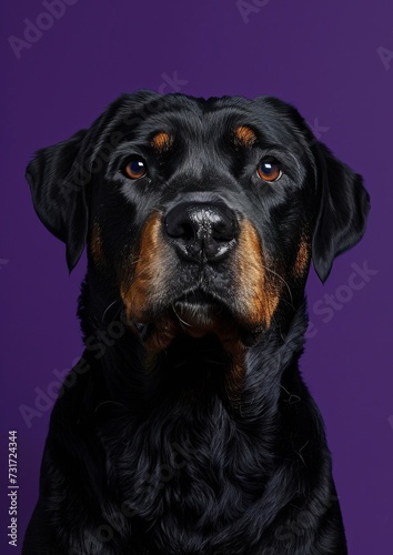 Portrait of black Rottweiler  highlighting its shiny coat and deep  soulful eyes  with majestic and attentive expression  set against vivid purple background