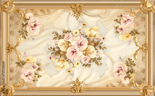 3d wallpaper stretch ceiling flower decoration model and decorative frame marble background