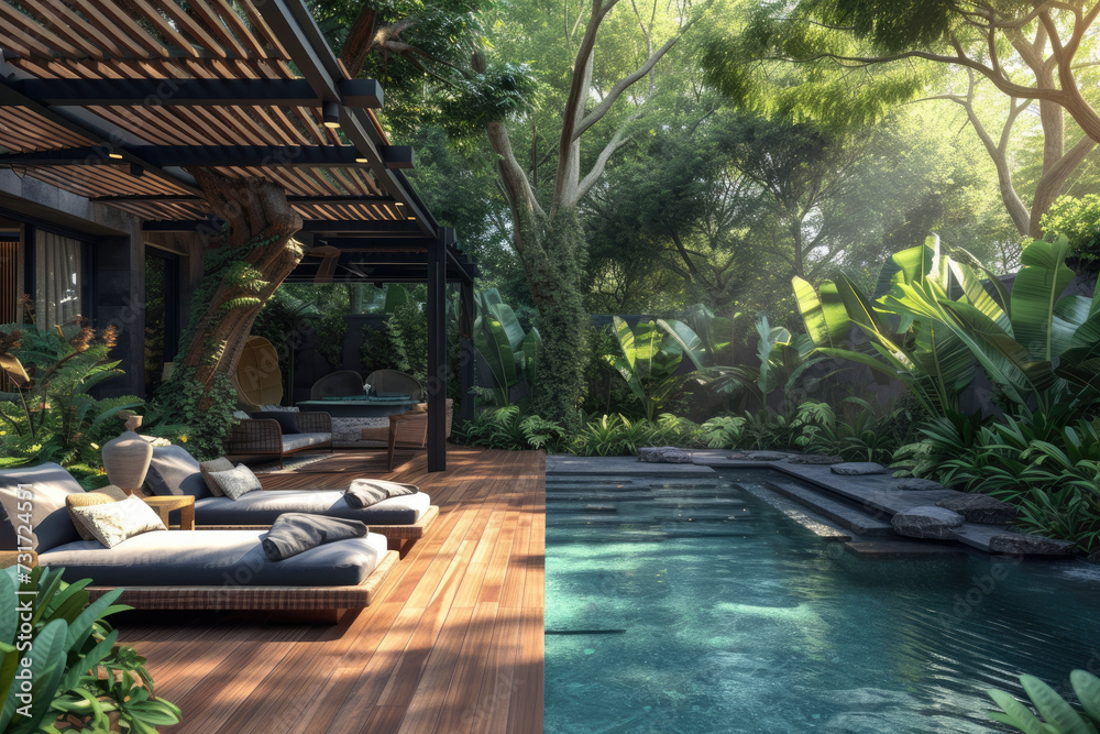 Interior design of a lavish side outside garden, with a teak hardwood deck and a black pergola.  Scene in the evening with couches and lounge chairs by the pool, with many tropical trees